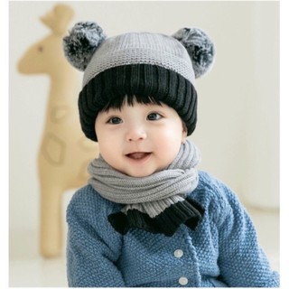Set mũ len 2 quả bông kèm khăn cho bé