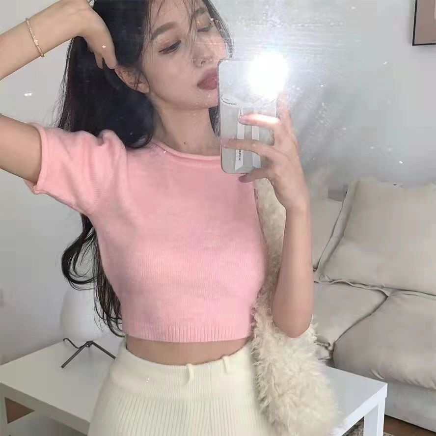 COZOK Áo Croptop Dệt Kim Tay Ngắn Thiết Kế Hở Lưng Quyến Rũ