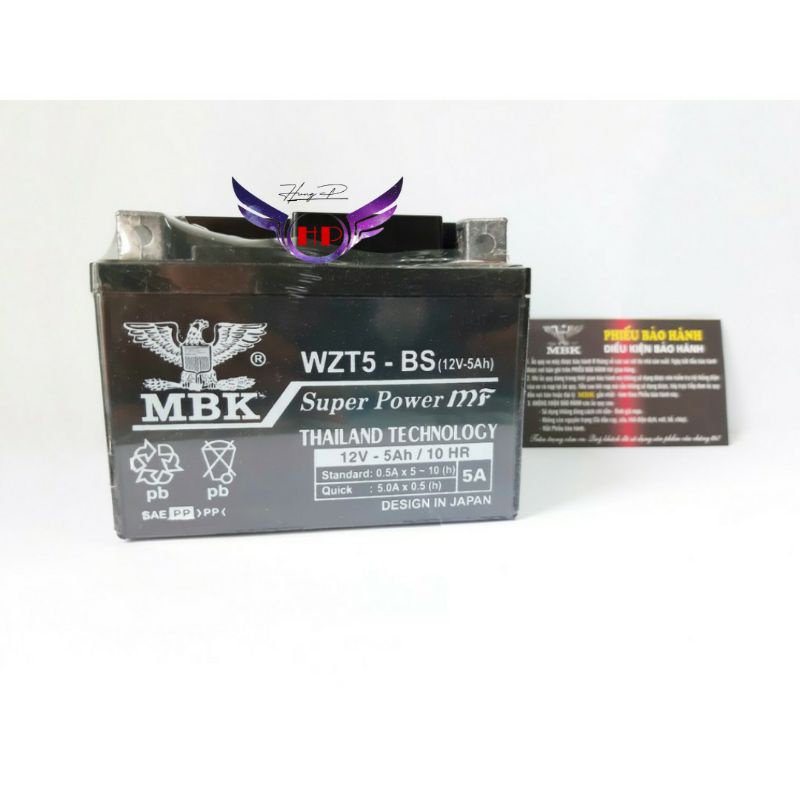 Bình ắc quy khô THAILAND WZT5 12V-5Ah kích thước ,lắp cho các xe wave,air blade..vv