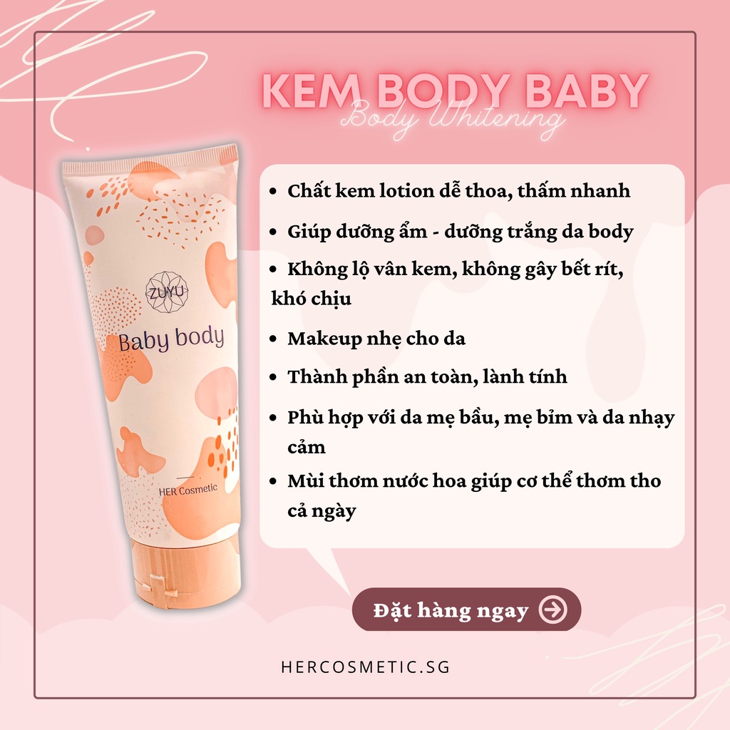 [COMBO 3 KEM] Kem dưỡng trắng da toàn thân Baby Body Zuyu - Tặng kèm 1 gói tắm trắng thảo dược