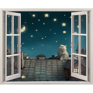 Tranh dán tường cửa sổ 3D mèo ngắm trăng VTC VT0084 kim sa