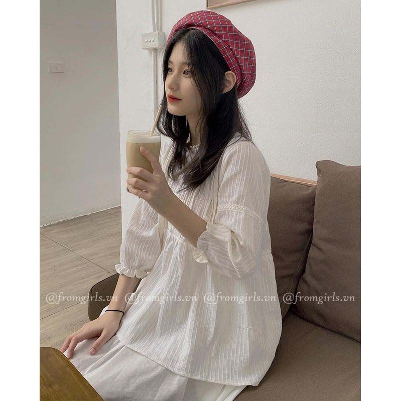 Áo babydoll dài tay xếp ly ngực cúc bọc tay chun vintage  - BBD05FG