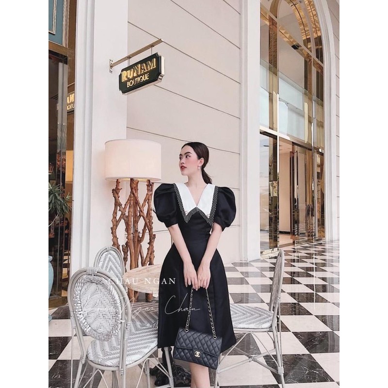 VNU276 - VÁY ĐEN XOÈ PHỐI CỔ TRẮNG VIỀN REN | BigBuy360 - bigbuy360.vn