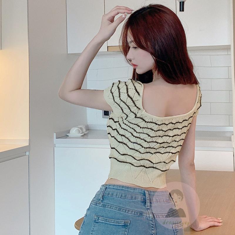 Áo Thun Tay Ngắn Cổ Vuông Họa Tiết Sọc Thời Trang Cho Nữ