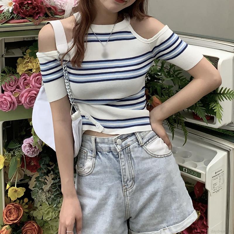 Áo dệt kim cổ tròn thiết kế trễ vai cho nữ