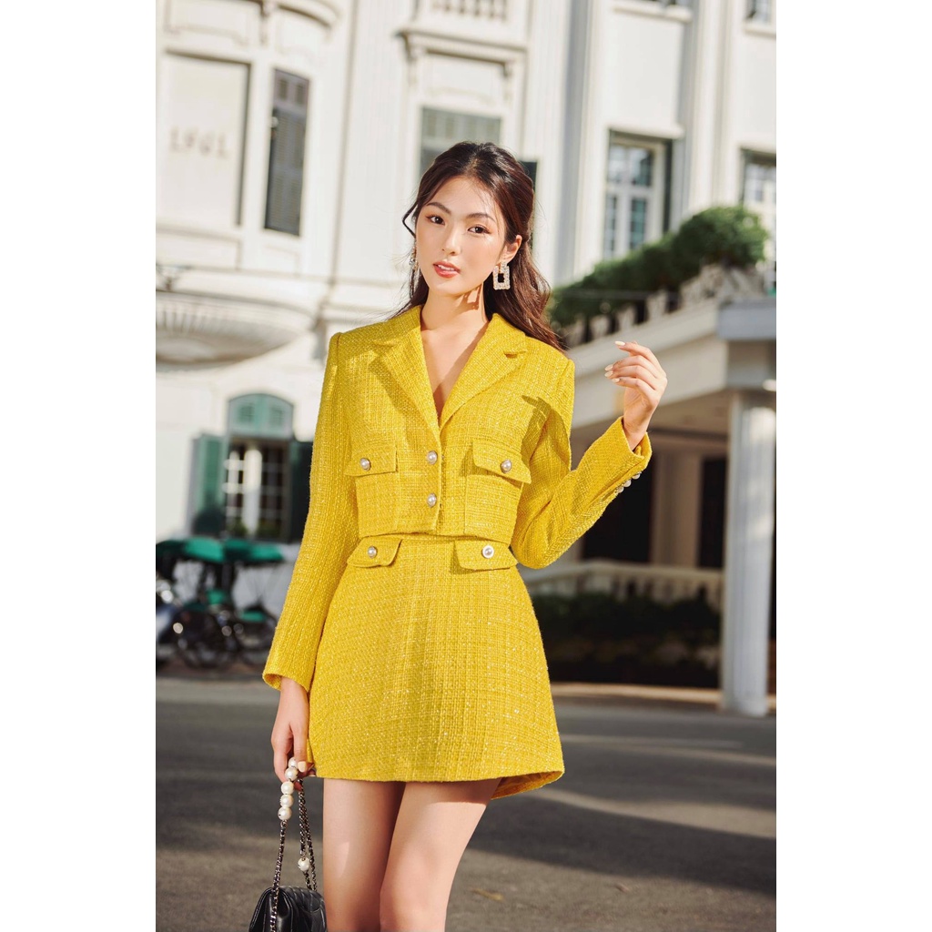 Set vest tweet vàng và chân váy chữ A nữ HUONG BOUTIQUE HBVEST118 | BigBuy360 - bigbuy360.vn