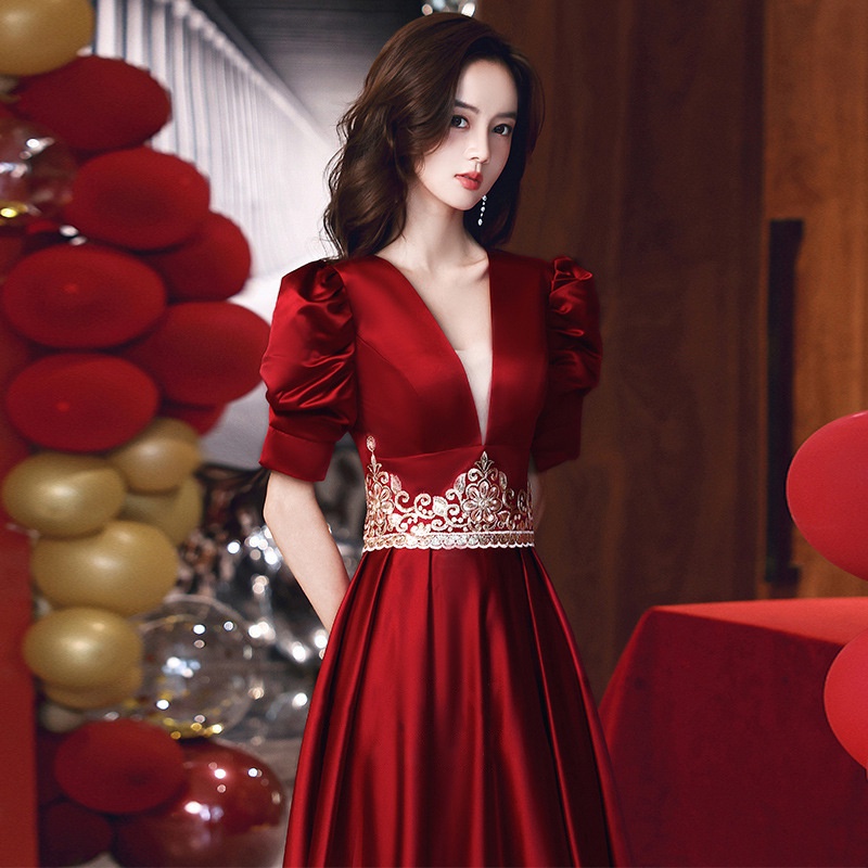 Đầm Dự Tiệc Vải Satin Tay Ngắn Dáng Ôm Dài Màu Đỏ Thời Trang Sang Trọng Cho Nữ