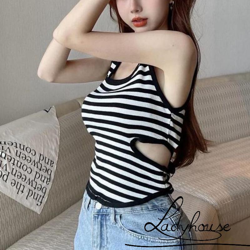 Áo Croptop Sát Nách Cổ Tròn Họa Tiết Kẻ Sọc Thời Trang Mùa Hè Cho Nữ