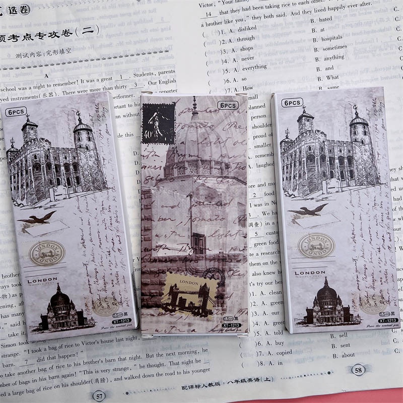 Set 6 Bút Bi Mực Đen Ngòi 0.5Mm Phong Cách Retro