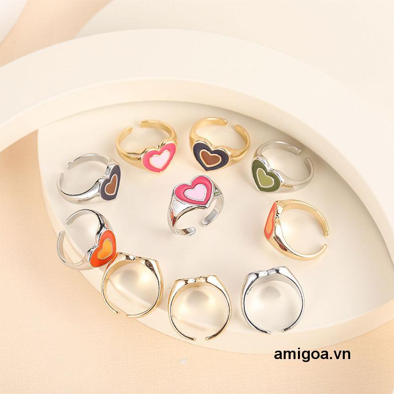 ✨✨Nhẫn hở hình trái tim đôi bằng kim loại tráng men Y2K cổ điển thời trang Hàn Quốc cho nữ