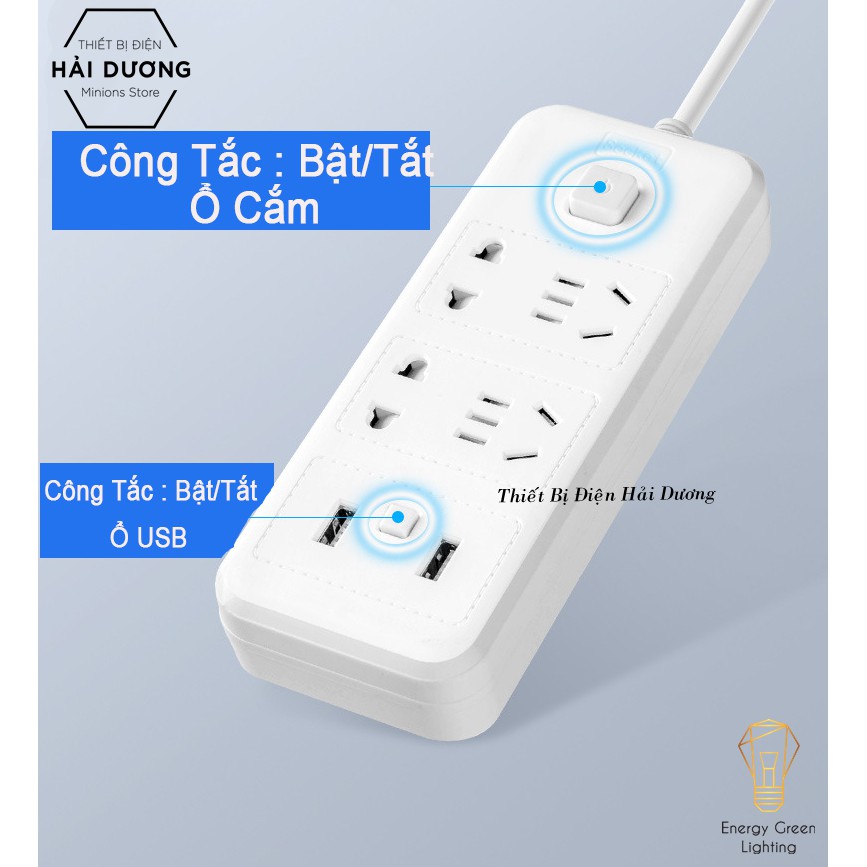 Ổ Cắm Điện Thông Minh Chuyển Đổi Đa Chức Năng OD-318 dây 2m8 - Có Đầu Cắm USB Chuẩn Sạc An Toàn Chống Giật Tặng Phích