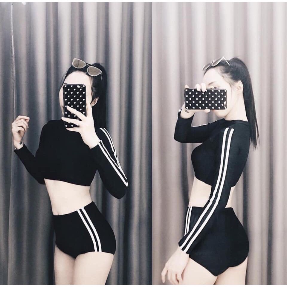 [BIKINI TAY DÀI LƯNG CAO] Đồ bơi 2 mảnh tay dài màu đen chạy sọc trắng mix quần cao che bụng kín đáo
