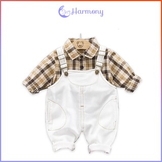 Set áo sơ mi caro quần yếm jean trắng cho bé gái bé trai từ 10 tháng 8 ký đến 16 ký