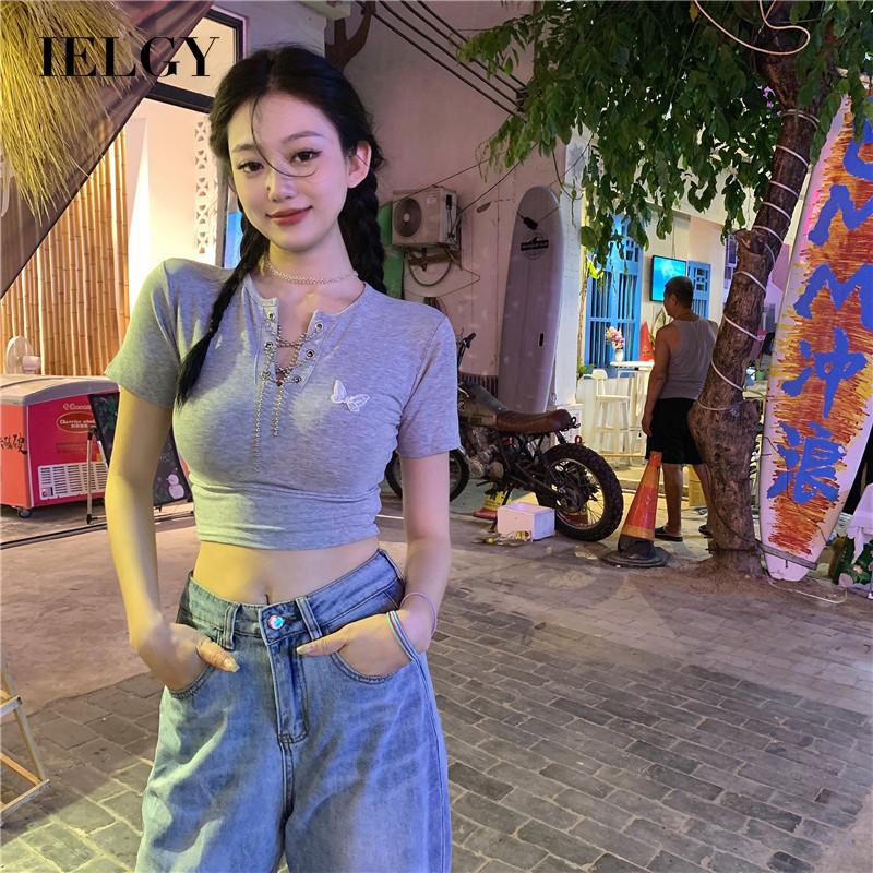 IELGY Áo Thun Nữ Ngắn Tay Cổ Chữ V Hở Eo Thời Trang