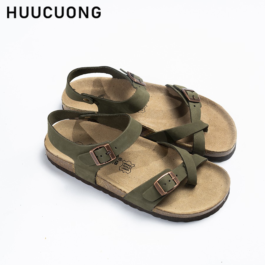 Giày Sandal Unisex HuuCuong xỏ ngón Da Bò xanh đế trấu