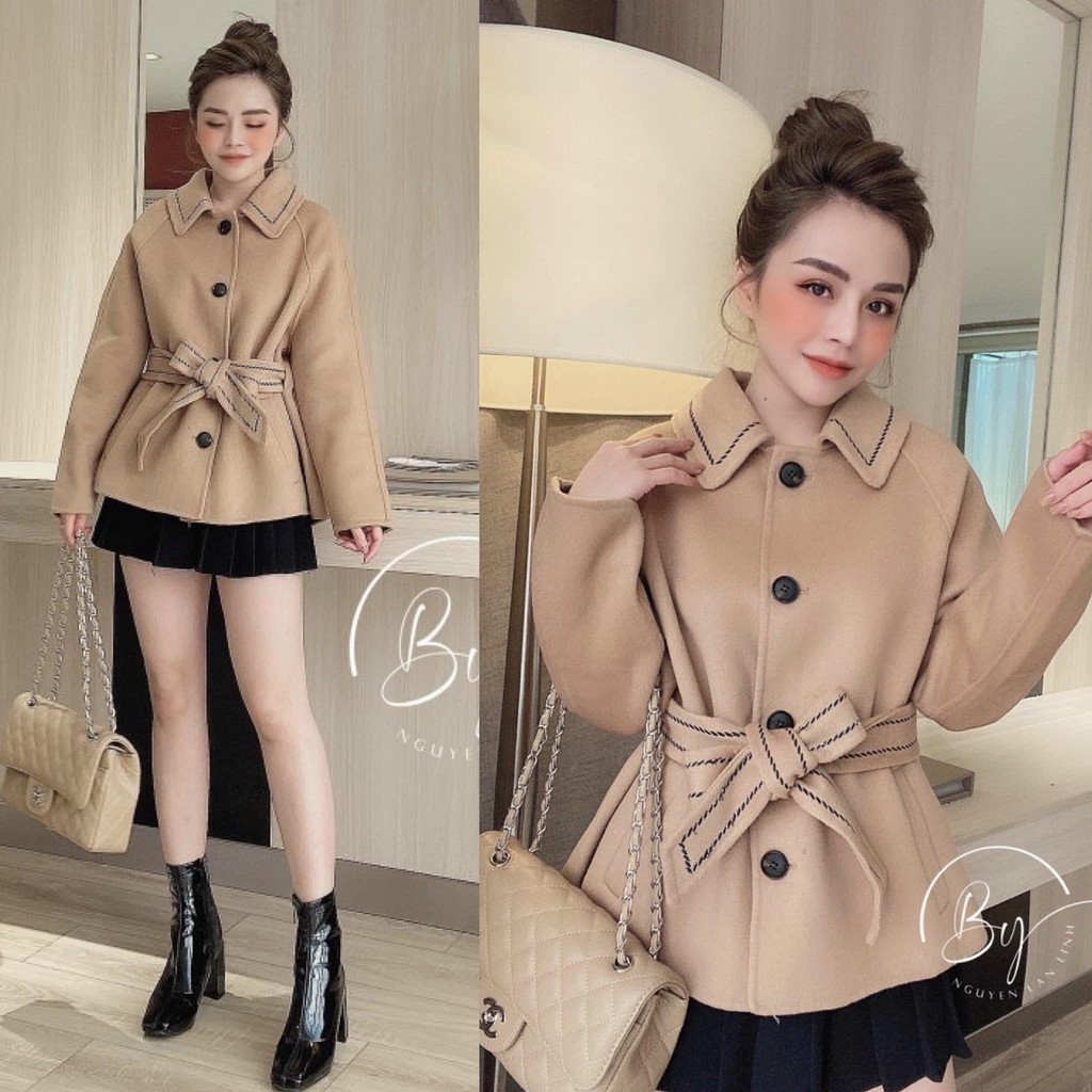 Áo khoác nữ, vải dạ Quảng Châu kèm đai viền - Áo khoác dạ nữ phong cách Hàn Quốc sang trọng - CM Shop