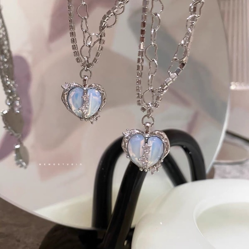 Vòng cổ/ Khuyên Tai Nhiều Lớp Mặt Trái Tim Đính Đá Opal Màu Xanh Dương Nhạt Phong Cách Ngọt Ngào Cho Nữ