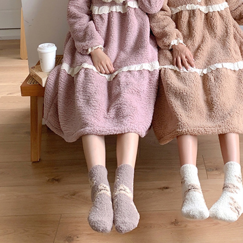 Youyo Vớ Nhung San Hô Dày Dặn Họa Tiết Gấu Hoạt Hình Dễ Thương Giữ Ấm Chân Khi Ngủ Mùa Đông Cho Nữ