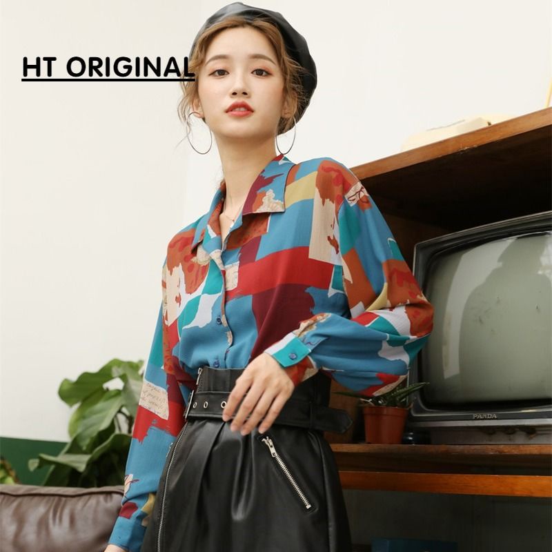 Áo sơ mi voan tay dài cổ chữ V in họa tiết trừu tượng phong cách Hàn Quốc thời trang cho nữ