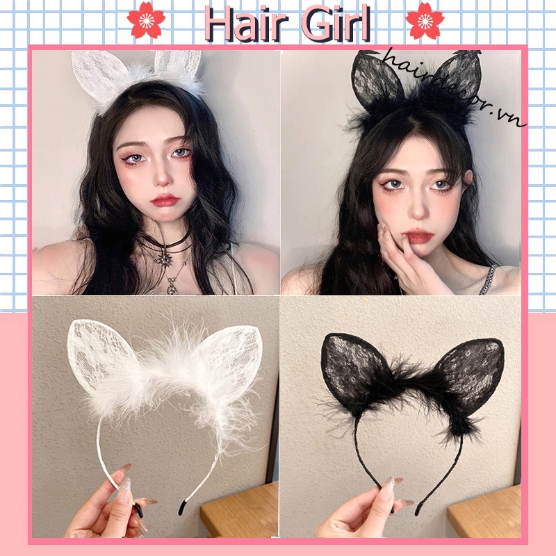 Cài tóc phối tai thỏ bằng ren thời trang Hàn Quốc cho nữ