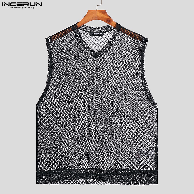 Áo thun ba lỗ INCERUN cổ chữ V màu đen phối lỗ thời trang dành cho nam