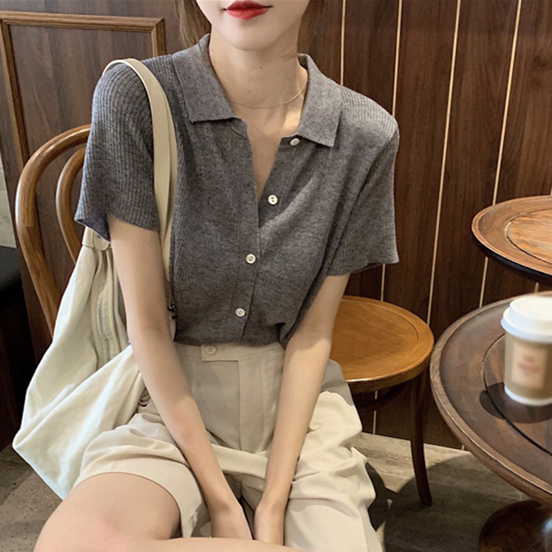 Áo cardigan dệt kim tay ngắn màu sắc đơn giản phong cách Hàn Quốc sành điệu
