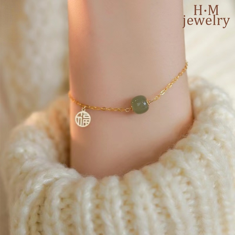 Vòng Tay Đá Ngọc Bích Mạ Vàng Kiểu Vintage Thời Trang