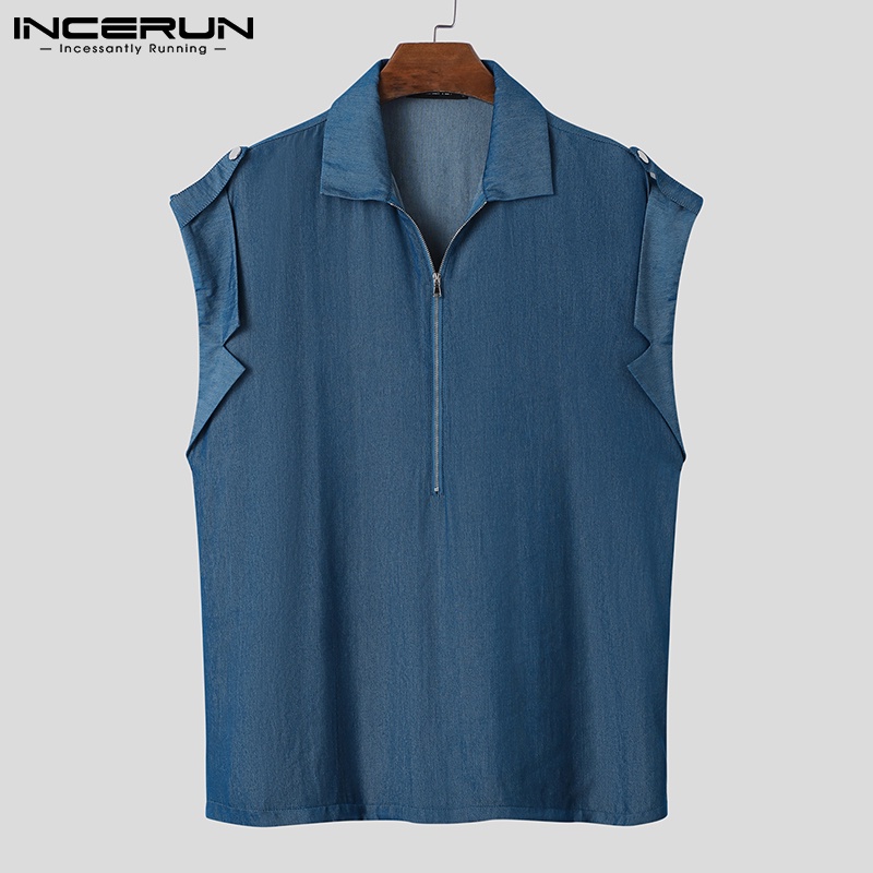 Áo sơ mi INCERUN sát nách màu trơn dáng rộng phối khóa kéo thời trang cho nam