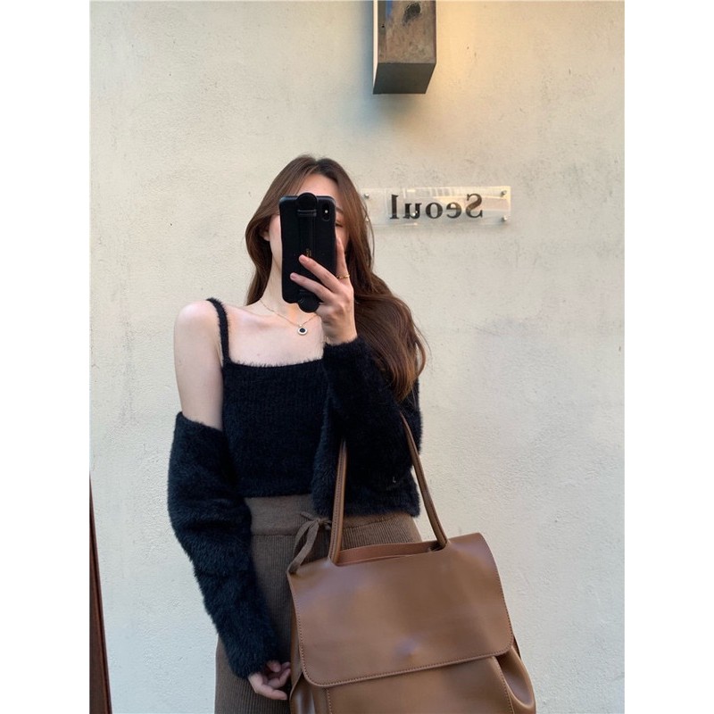 [SẴN ] Set áo lông 2 dây+áo khoác lông tay dài cực xinh 4 màu xanh/hồng/trắng/đen | BigBuy360 - bigbuy360.vn