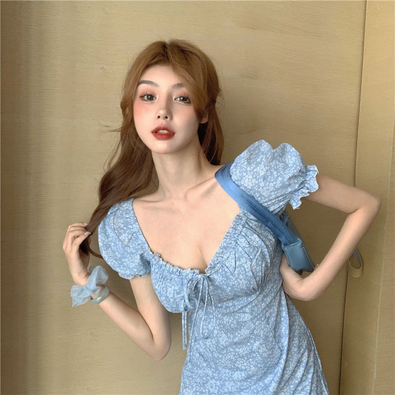 Đầm nữ tay ngắn cổ chữ V phong cách Hàn Quốc thời trang sành điệu | BigBuy360 - bigbuy360.vn