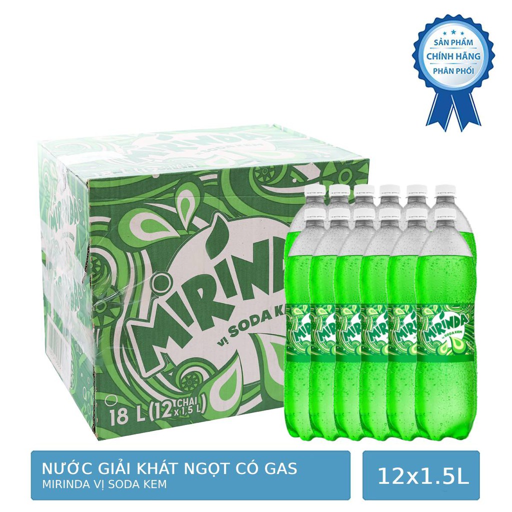 Thùng 12 Chai Nước Ngọt Giải Khát Có Gas  Mirinda Vị Soda Kem 1.5L