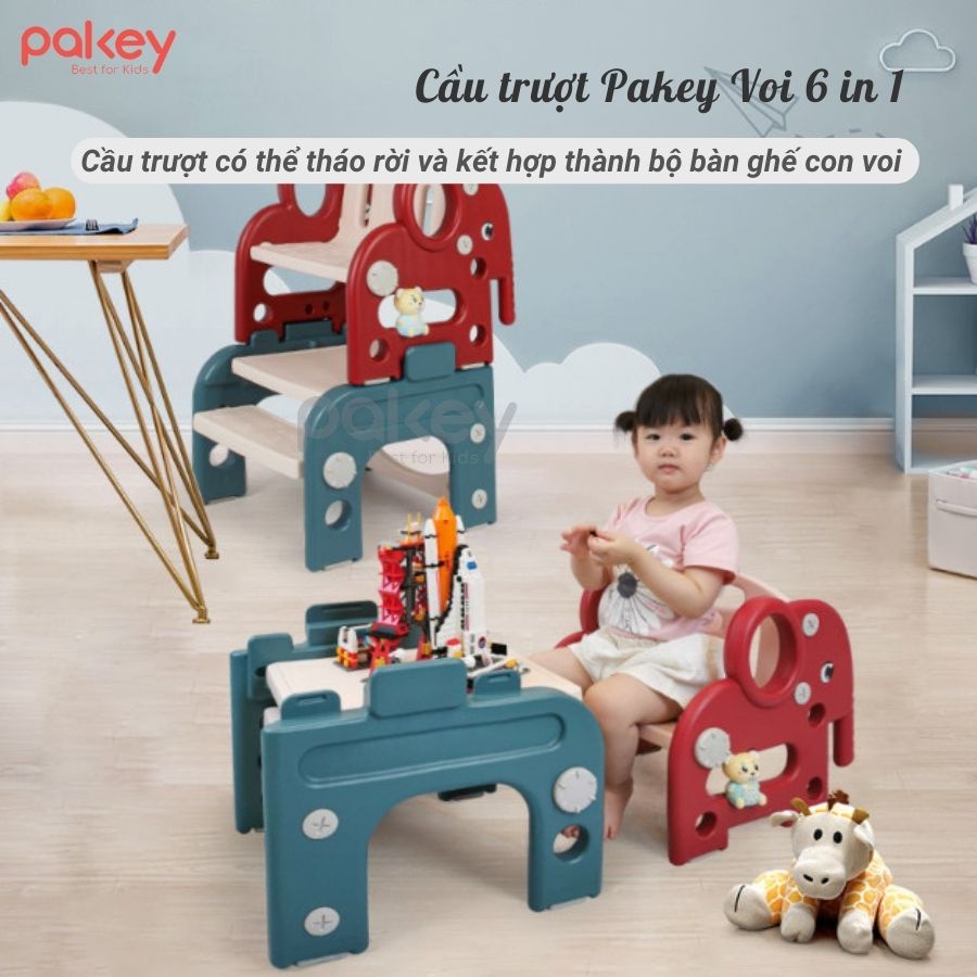 Cầu trượt cho bé PAKEY Voi đa năng làm cầu trượt, bộ bàn ghế học cho bé TẶNG KÈM Bóng Rổ Ném Vòng