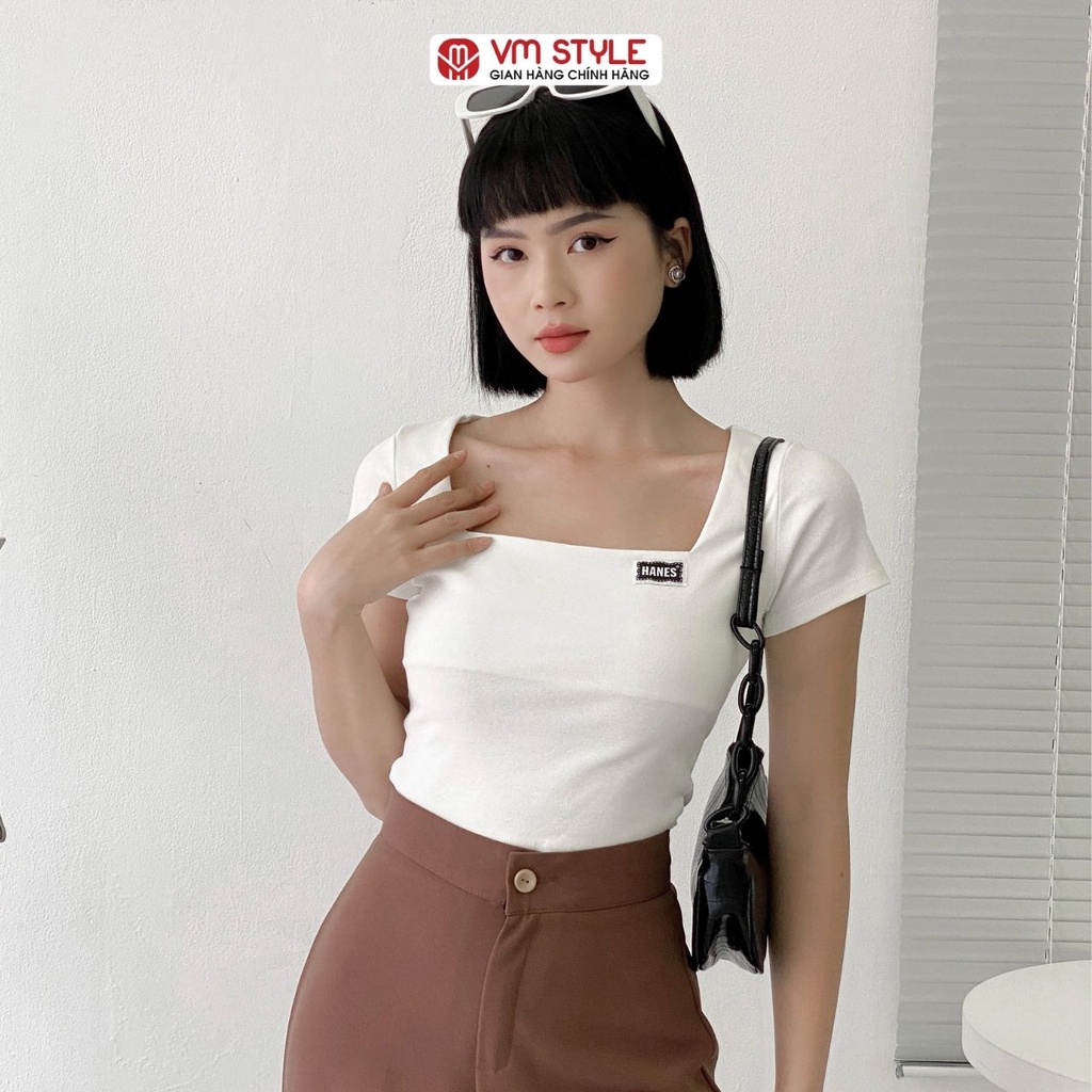 Áo thun tay ngắn cổ vuông thêu HANES ulzzang VM STYLE 22ATU03T370101