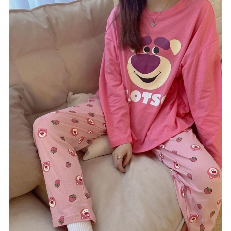 Bộ Đồ Ngủ Tay Dài In Hình Gấu Và Dâu Tây Dễ Thương Phong Cách Nhật Bản Thời Trang Xuân Thu Cho Nữ