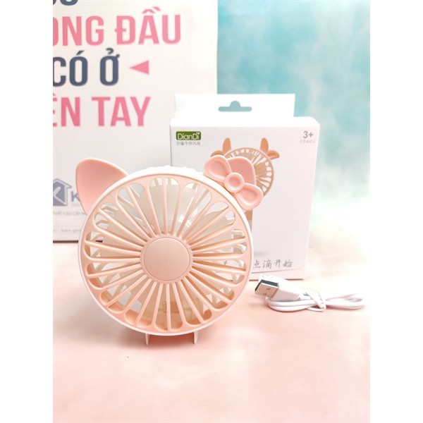 Quạt Mini Cầm Tay Cao Cấp Có Thể Gấp Tiện Dụng, Fan 2 Tốc Độ Gió Kèm Usb Cắm Sạc Hình Tai Mèo Có Nơ - Màu Hồng