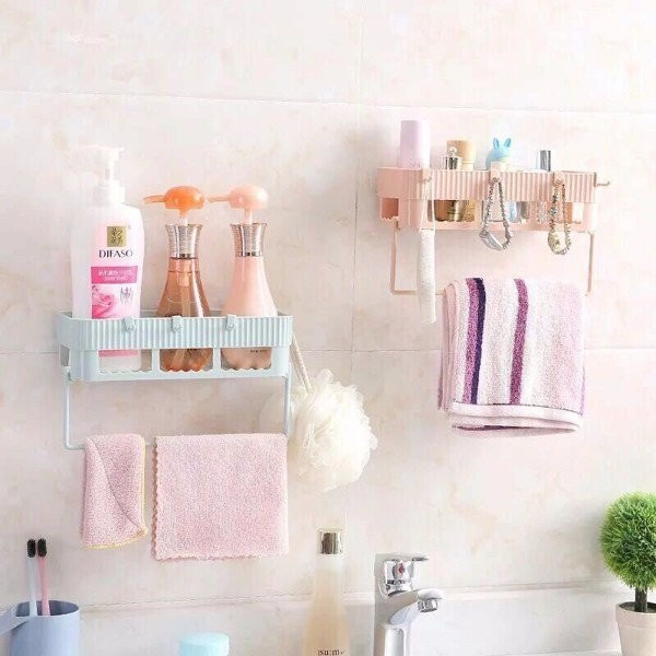 [Hot]-Kệ Dính Tường Hình Chữ Nhật Có Giá Treo Khăn
