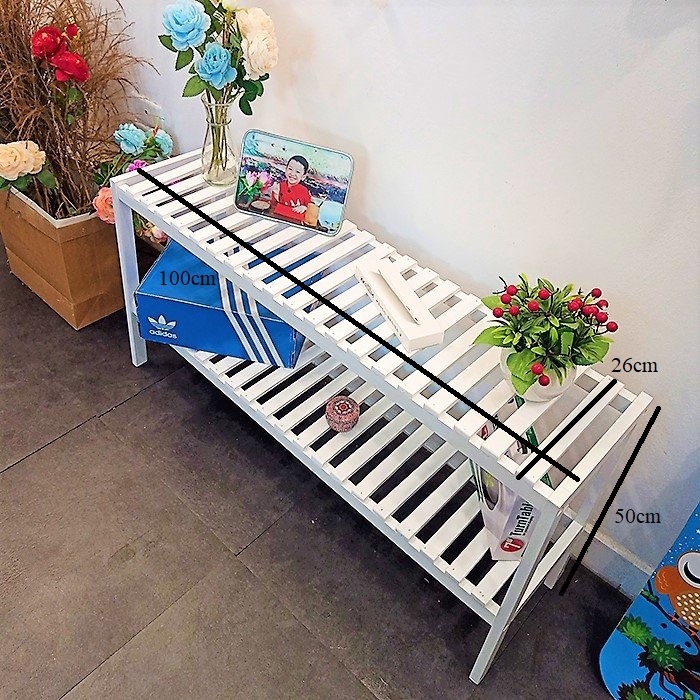 Kệ gỗ đa năng màu trắng 2 tầng dài 100cm phong cách hàn quốc.