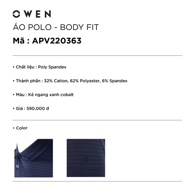 Áo thun nam có cổ bẻ polo OWEN APV220363 phông ngắn tay hàng hiệu cao cấp dáng body fit màu xanh navy vải polyester
