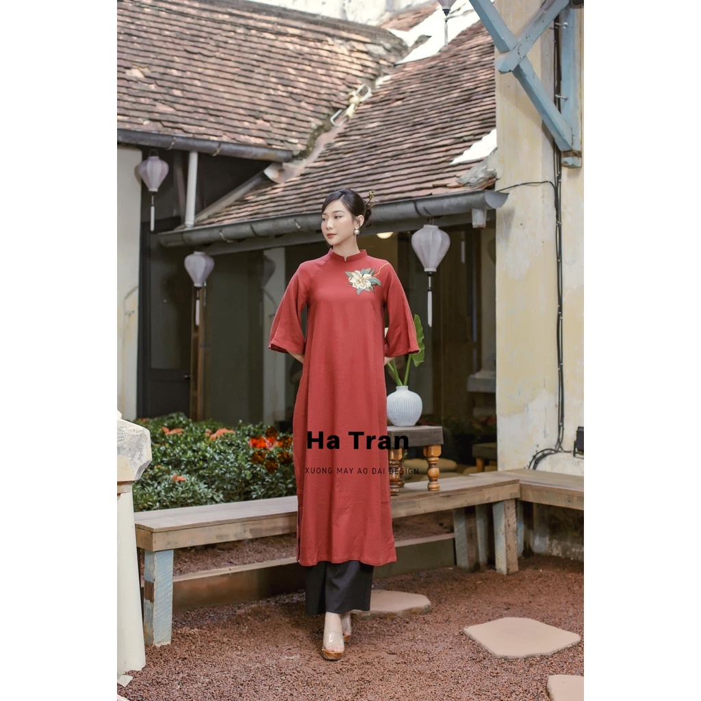 Áo dài suông thêu hoa màu CAM chất liệu linen mềm mịn mát phù hợp đi chơi đi chùa lễ tết Nét Việt