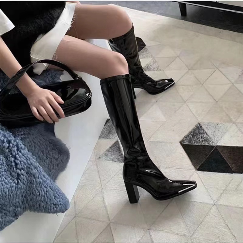 Giày bốt cao gót da bóng cổ cao trẻ trung hợp thời trang thu đông