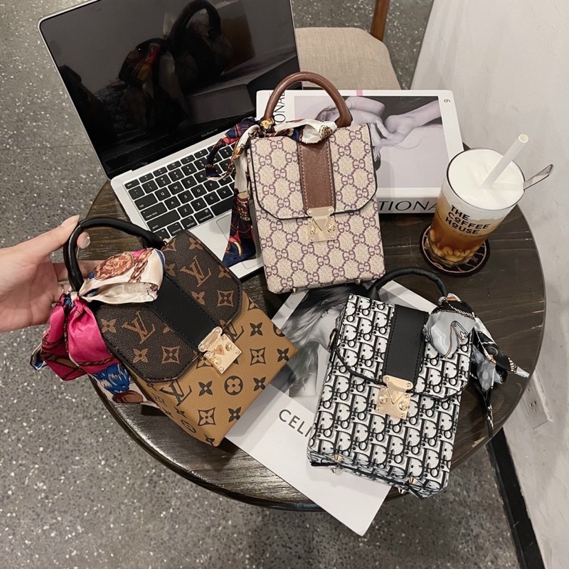 Túi Xách Nữ Dáng Cốp Điện Thoại, Túi Nữ Đeo Chéo L.V Kèm Khăn