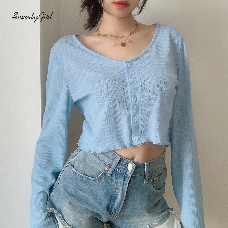 Áo Croptop Tay Dài Cổ Chữ V Cài Nút Màu Sắc Trơn Quyến Rũ Cho Nữ