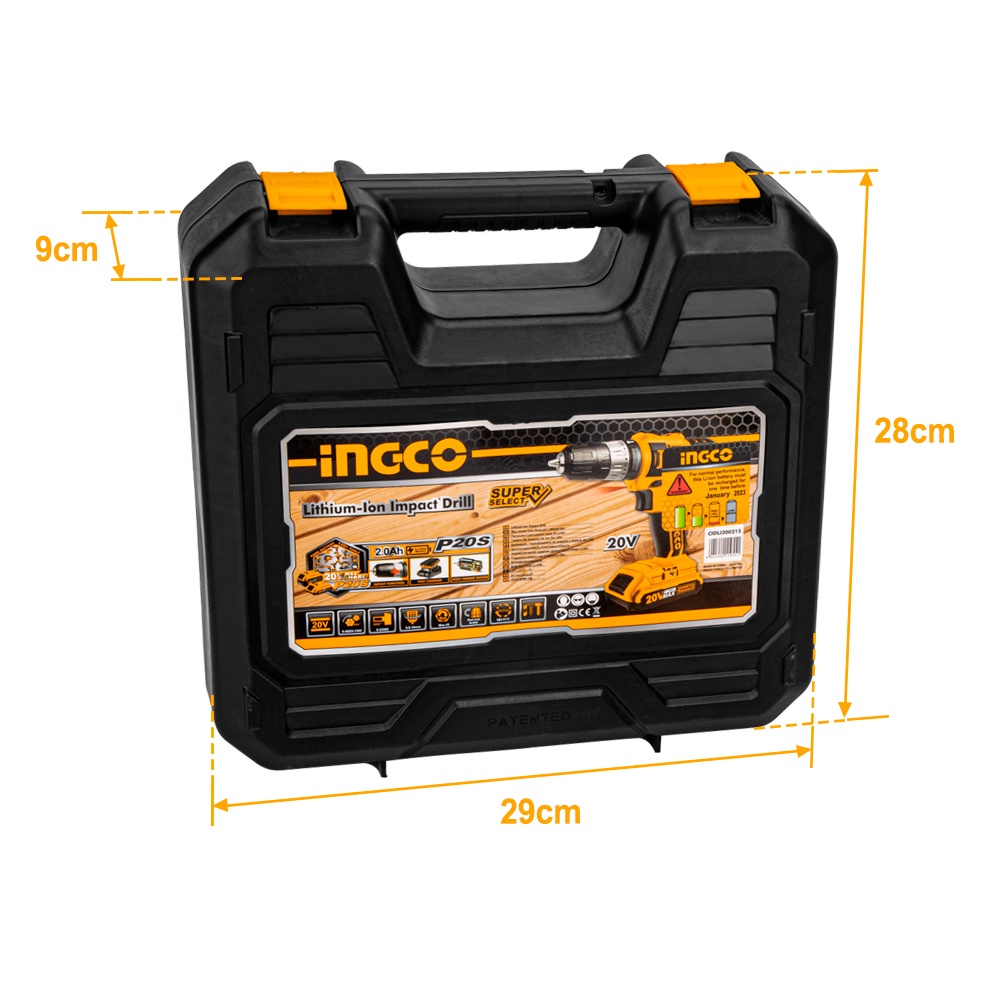 Máy khoan pin 20V (3 chức năng có búa) INGCO CIDLI200215 (2 pin &amp; sạc nhanh) - Hộp nhựa