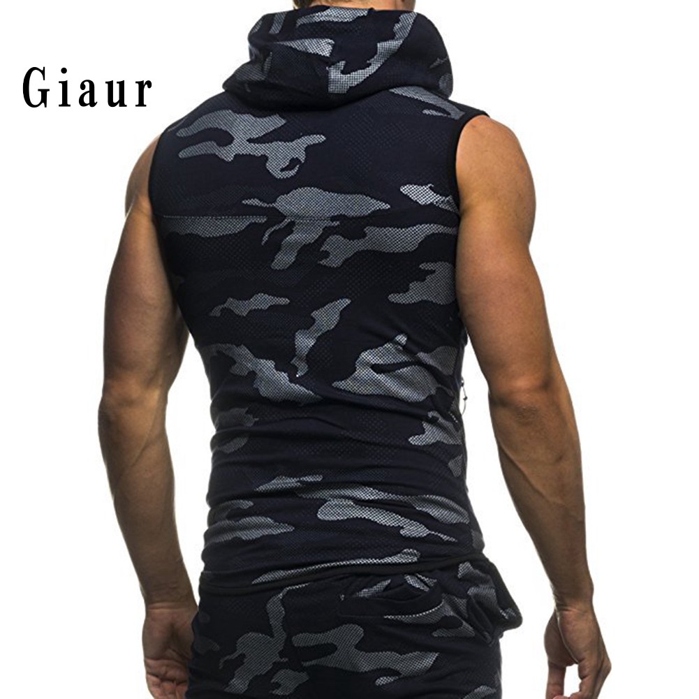 Summer Men Gym Fitness Camouflage Mesh Hoodies Zip Up Sleeveless Hooded Tank Top