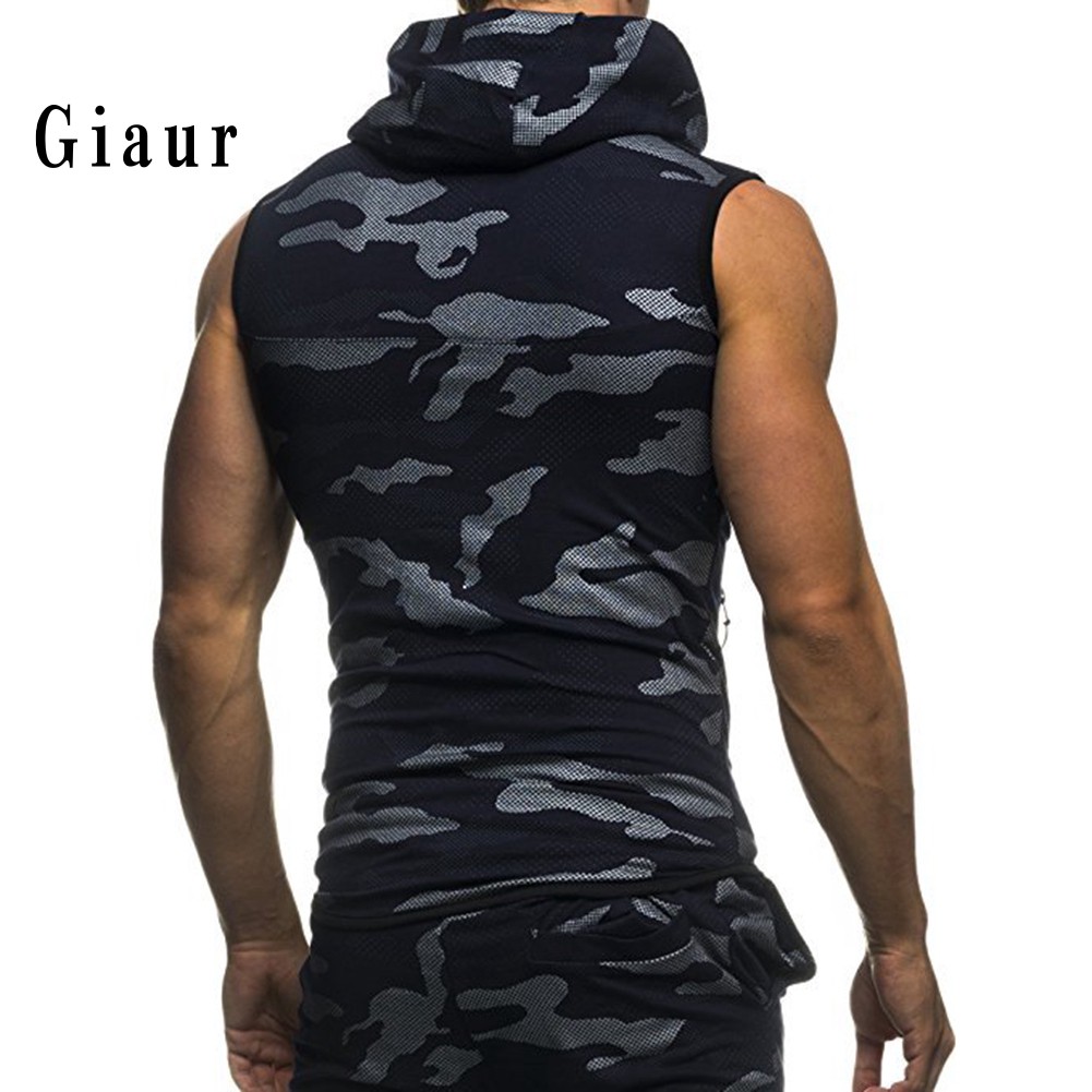 GIAUR  Summer Men Gym Fitness Camouflage Mesh Hoodies Zip Up Sleeveless Hooded Tank Top