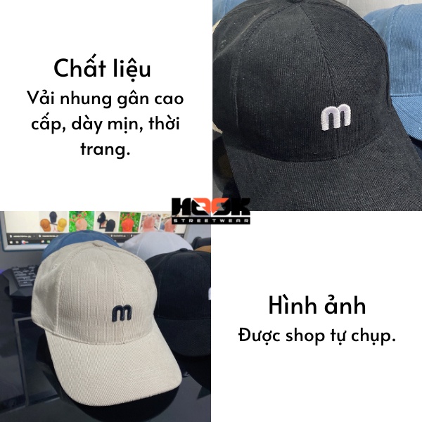 Mũ lưỡi trai Unisex thêu hình chữ M chất vải Kaki màu Đen và Be thương hiệu Hook