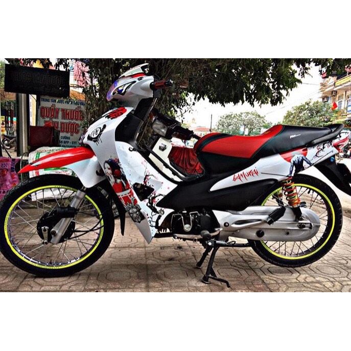 Tem trùm Wave 50cc Trắng Đỏ Sammurai, team dán xe máy Wave, team trùm Wave, tem decal Wave trắng đỏ samurai