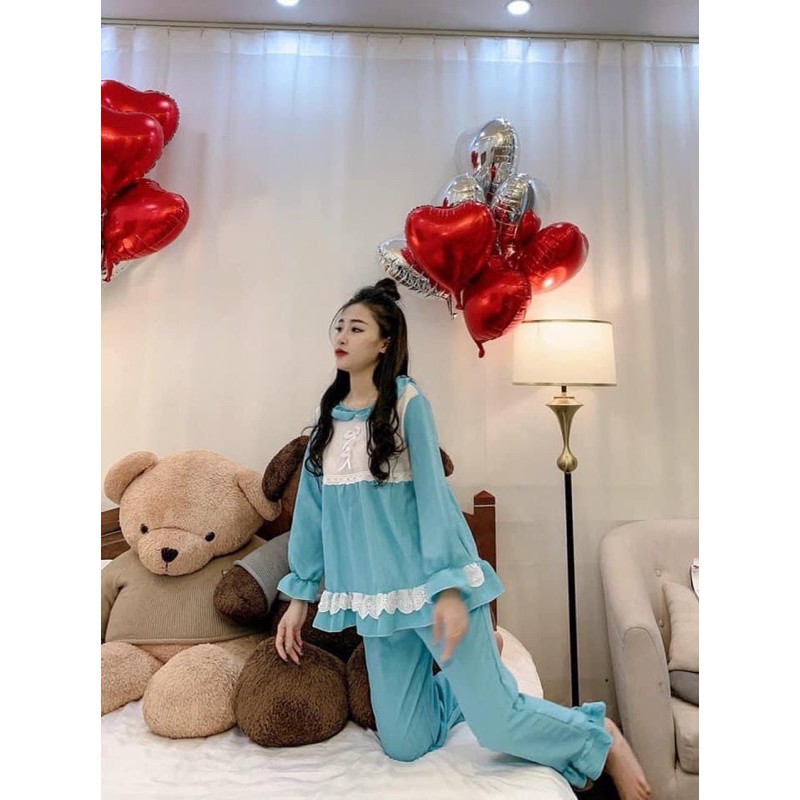 Bộ Mặc Nhà Tiểu Thư Phối Ren Bèo Xinh Xắn Chất Đũi Xốp