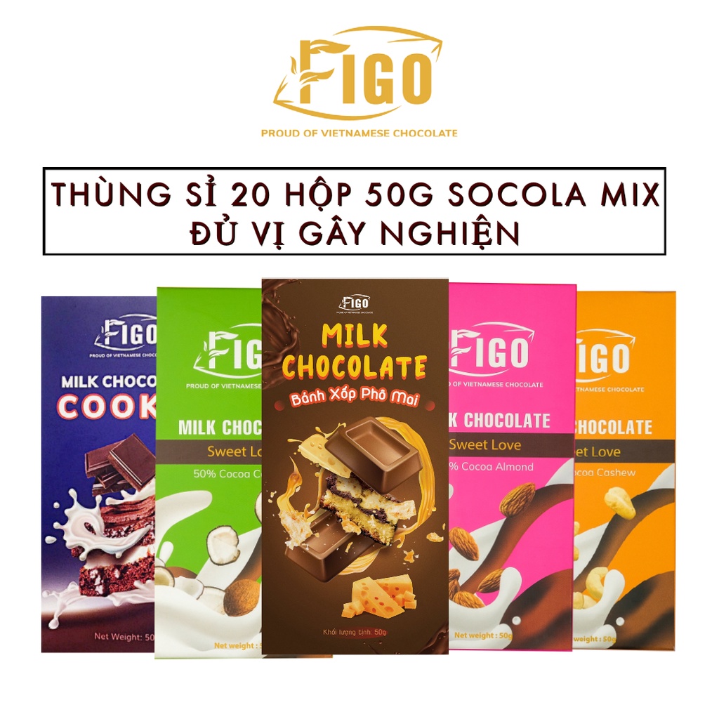 [COMBO 20 HỘP ĐỦ VỊ 50G] Kẹo socola sữa siêu ngon 50g đủ vị FIGO, đồ ăn vặt văn phòng bán chạy