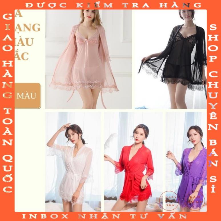 Váy ngủ sexy nữ gợi cảm CAMISHOP chất ren voan cao cấp gồm áo 2 dây và áo choàng xuyên thấu freesize KL01 tranvuong